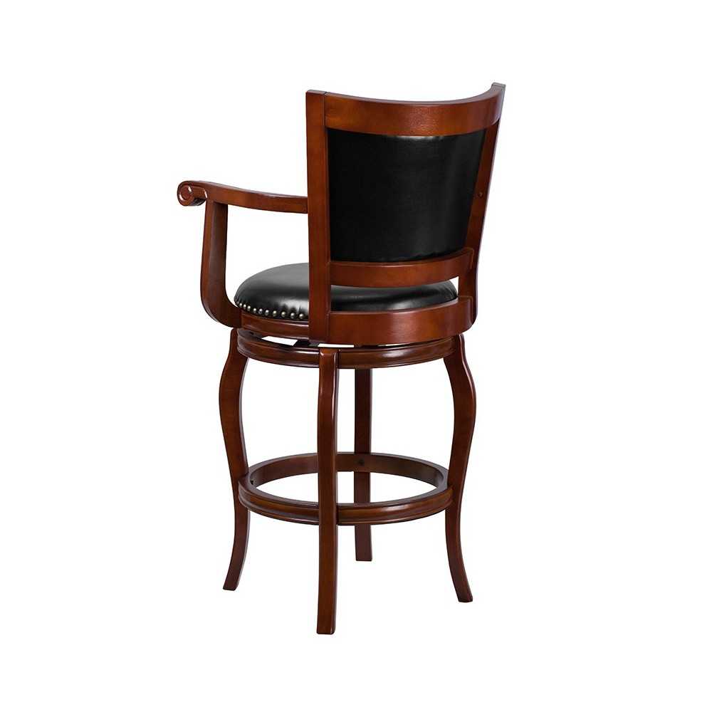 30'' High Cherry Wood Barstool with Arms, Panel Back and Black LeatherSoft Swivel Seat