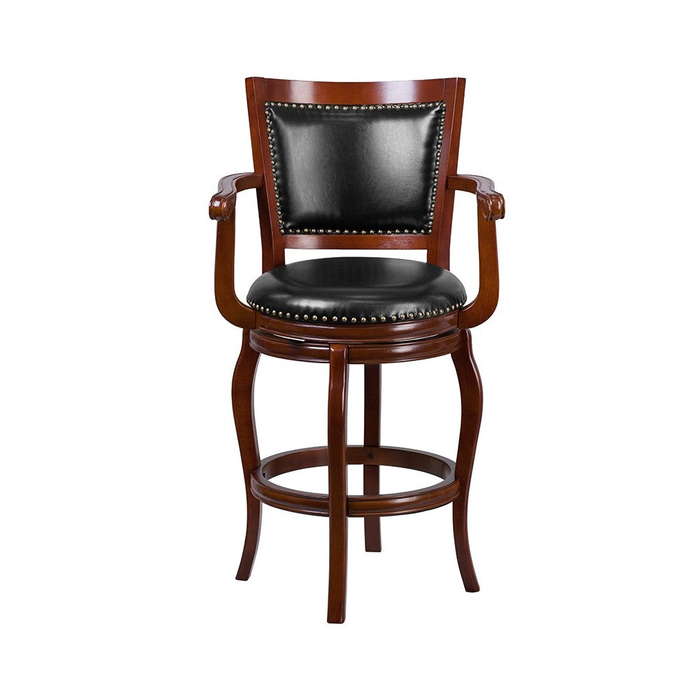 30'' High Cherry Wood Barstool with Arms, Panel Back and Black LeatherSoft Swivel Seat