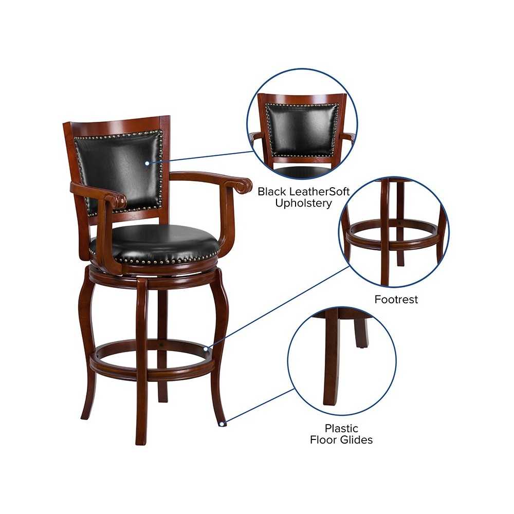 30'' High Cherry Wood Barstool with Arms, Panel Back and Black LeatherSoft Swivel Seat