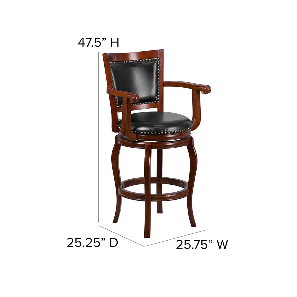 30'' High Cherry Wood Barstool with Arms, Panel Back and Black LeatherSoft Swivel Seat