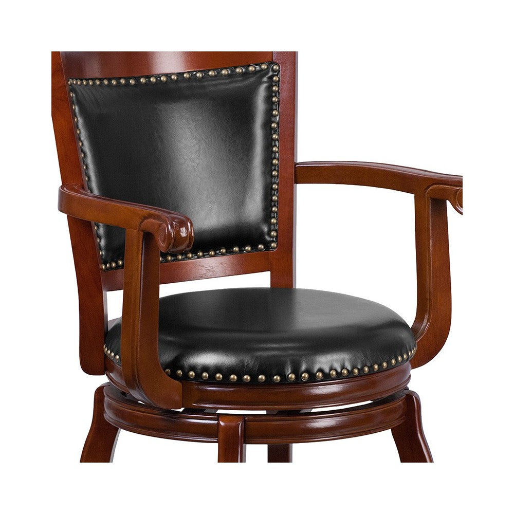 30'' High Cherry Wood Barstool with Arms, Panel Back and Black LeatherSoft Swivel Seat