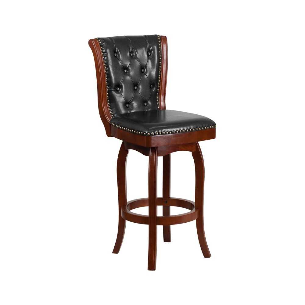 30'' High Cherry Wood Barstool with Button Tufted Back and Black LeatherSoft Swivel Seat
