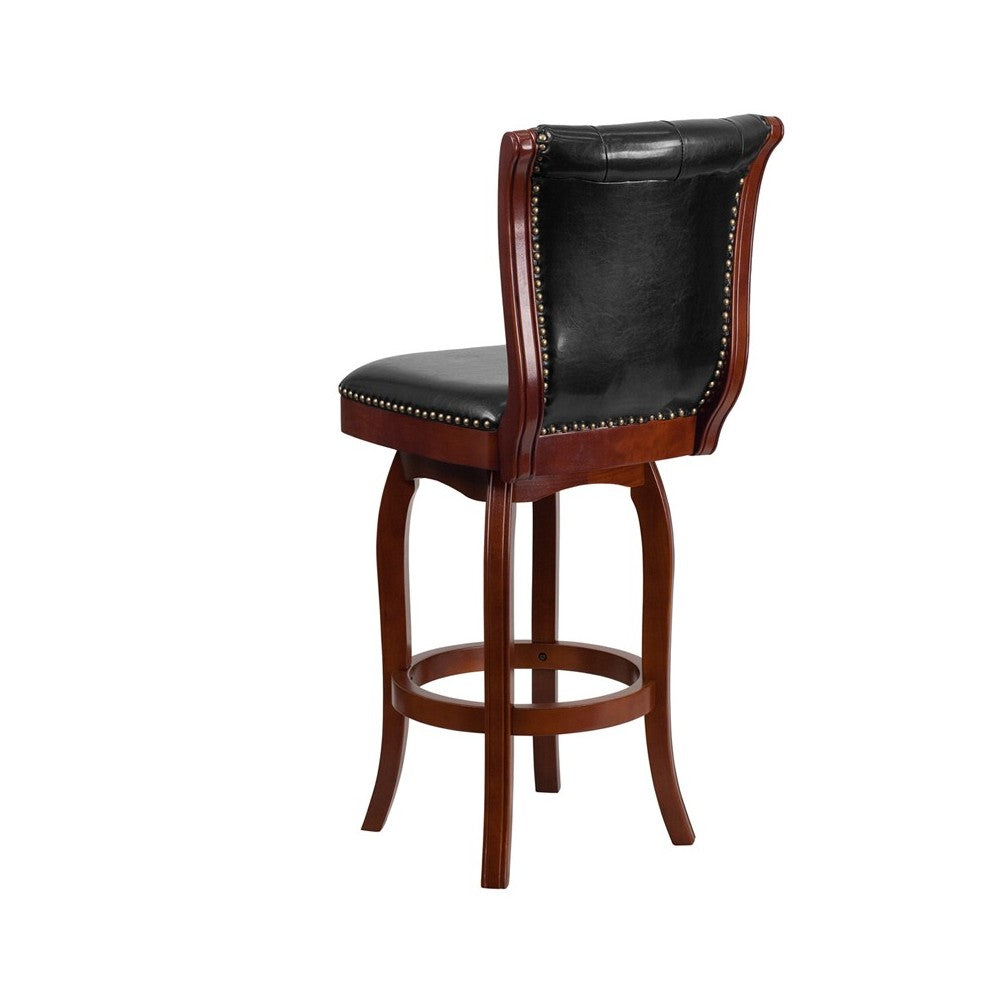 30'' High Cherry Wood Barstool with Button Tufted Back and Black LeatherSoft Swivel Seat