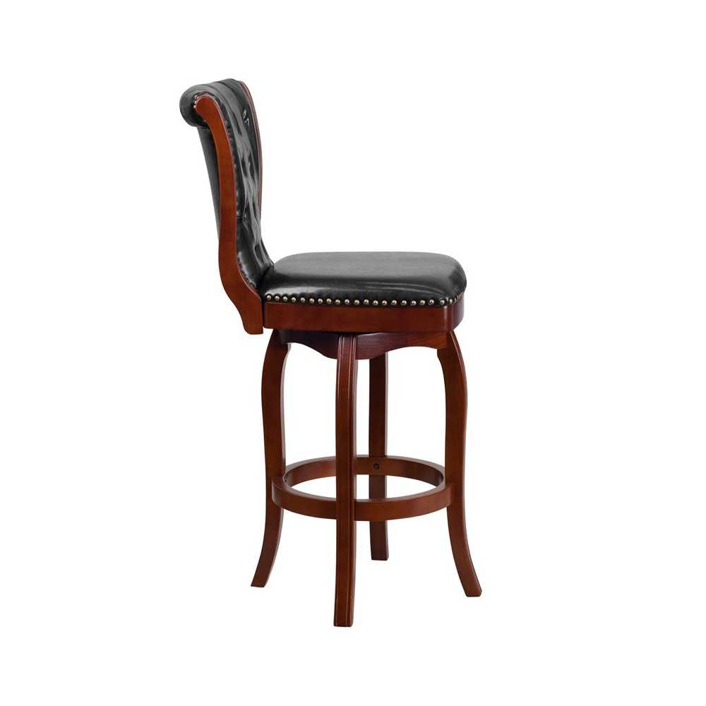 30'' High Cherry Wood Barstool with Button Tufted Back and Black LeatherSoft Swivel Seat