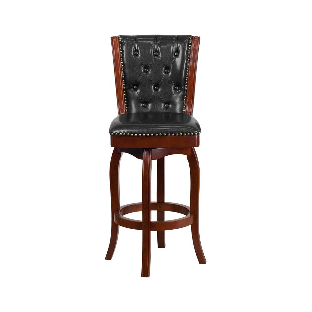 30'' High Cherry Wood Barstool with Button Tufted Back and Black LeatherSoft Swivel Seat