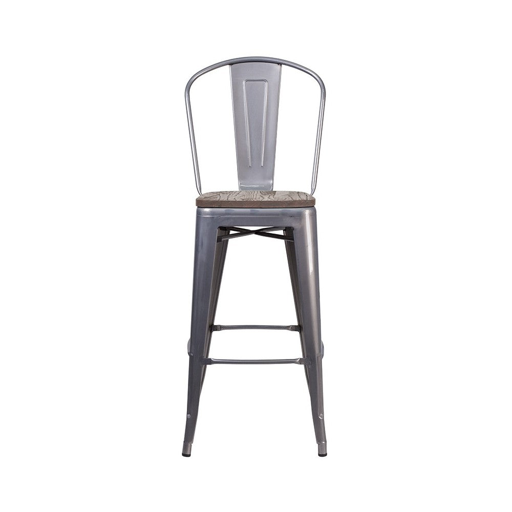 30" High Clear Coated Barstool with Back and Wood Seat