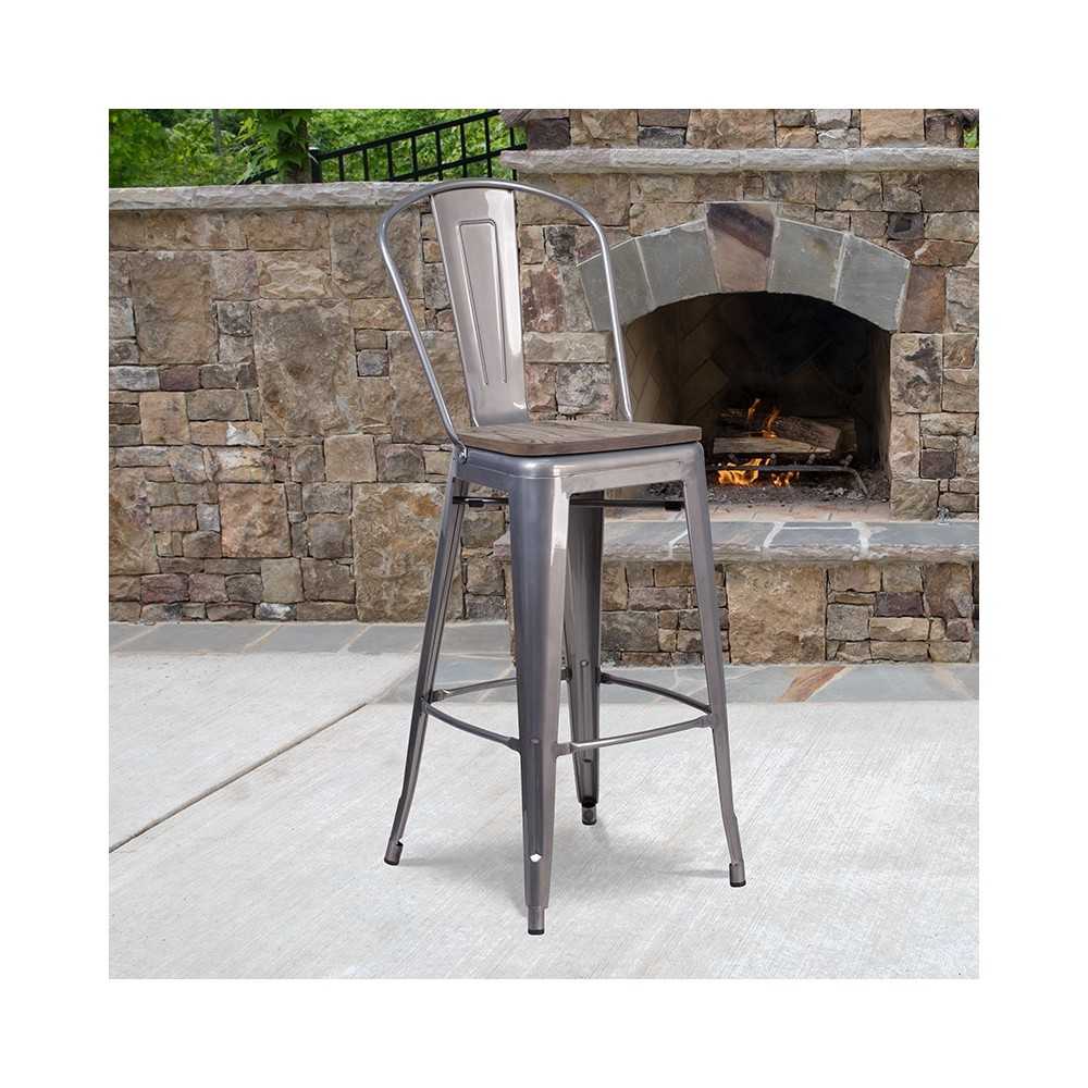 30" High Clear Coated Barstool with Back and Wood Seat