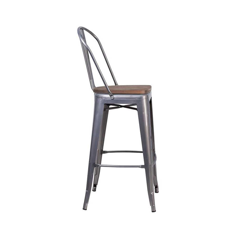 30" High Clear Coated Barstool with Back and Wood Seat