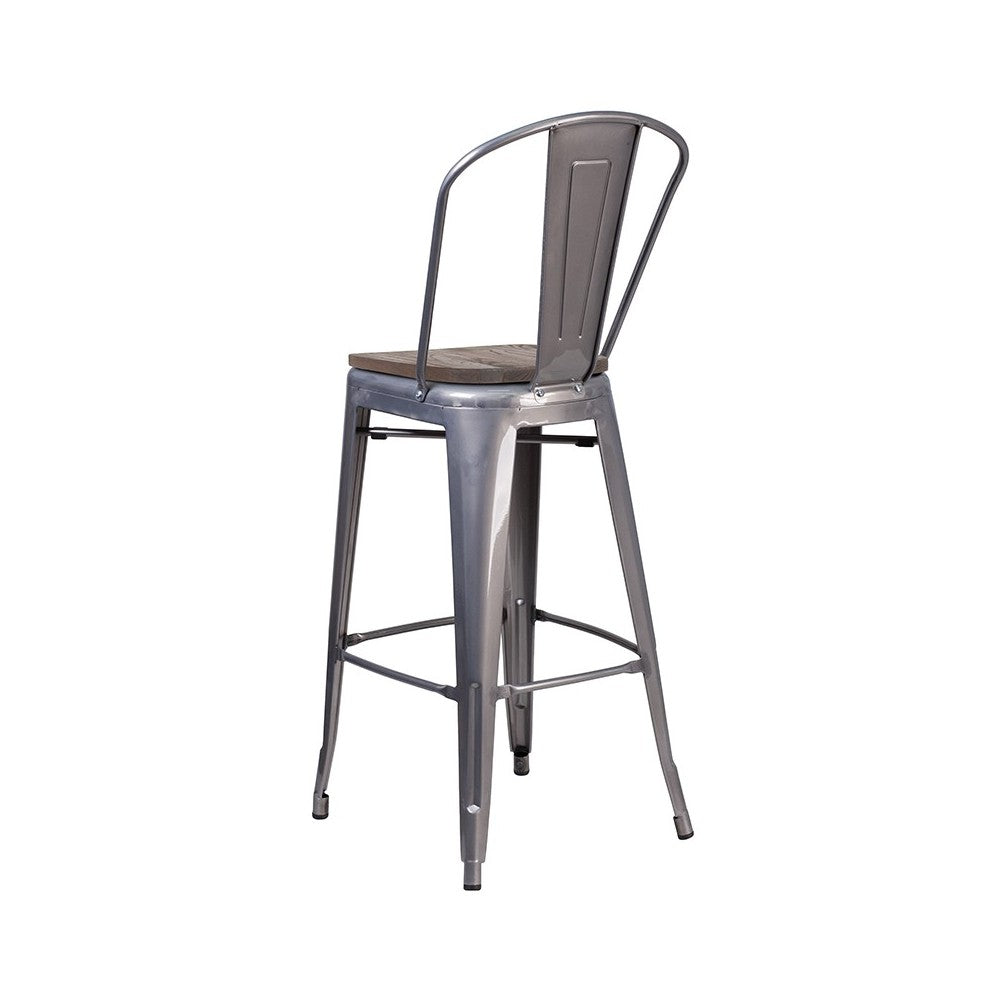 30" High Clear Coated Barstool with Back and Wood Seat