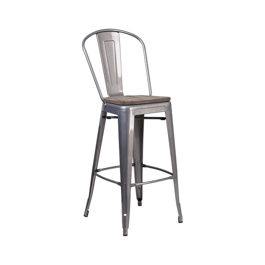 30" High Clear Coated Barstool with Back and Wood Seat