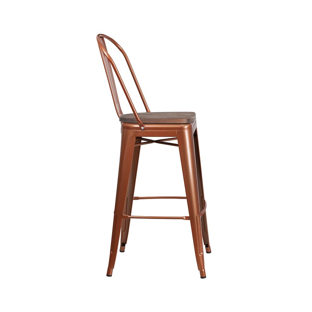 30" High Copper Metal Barstool with Back and Wood Seat