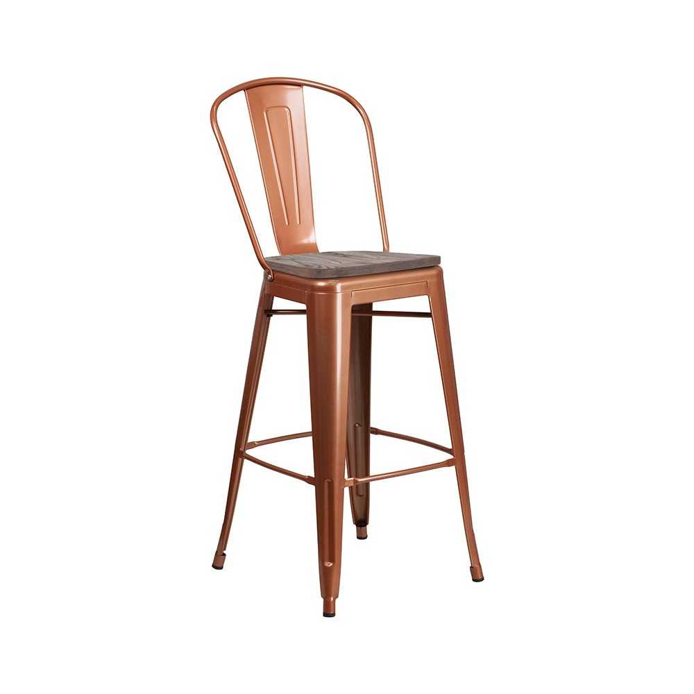 30" High Copper Metal Barstool with Back and Wood Seat