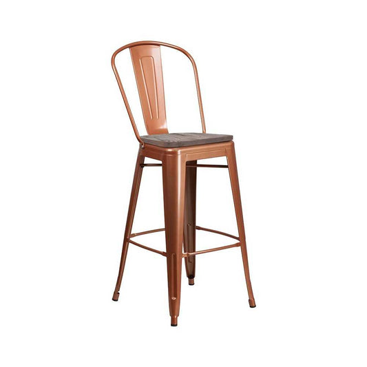 30" High Copper Metal Barstool with Back and Wood Seat