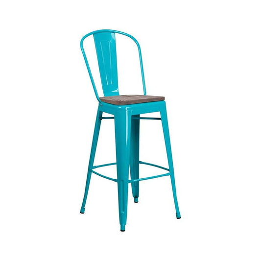 30" High Crystal Teal-Blue Metal Barstool with Back and Wood Seat