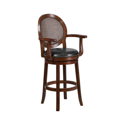 30'' High Expresso Wood Barstool with Arms, Woven Rattan Back and Black LeatherSoft Swivel Seat