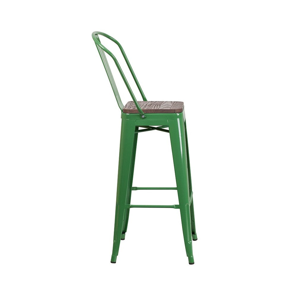 30" High Green Metal Barstool with Back and Wood Seat