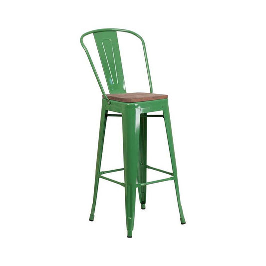 30" High Green Metal Barstool with Back and Wood Seat