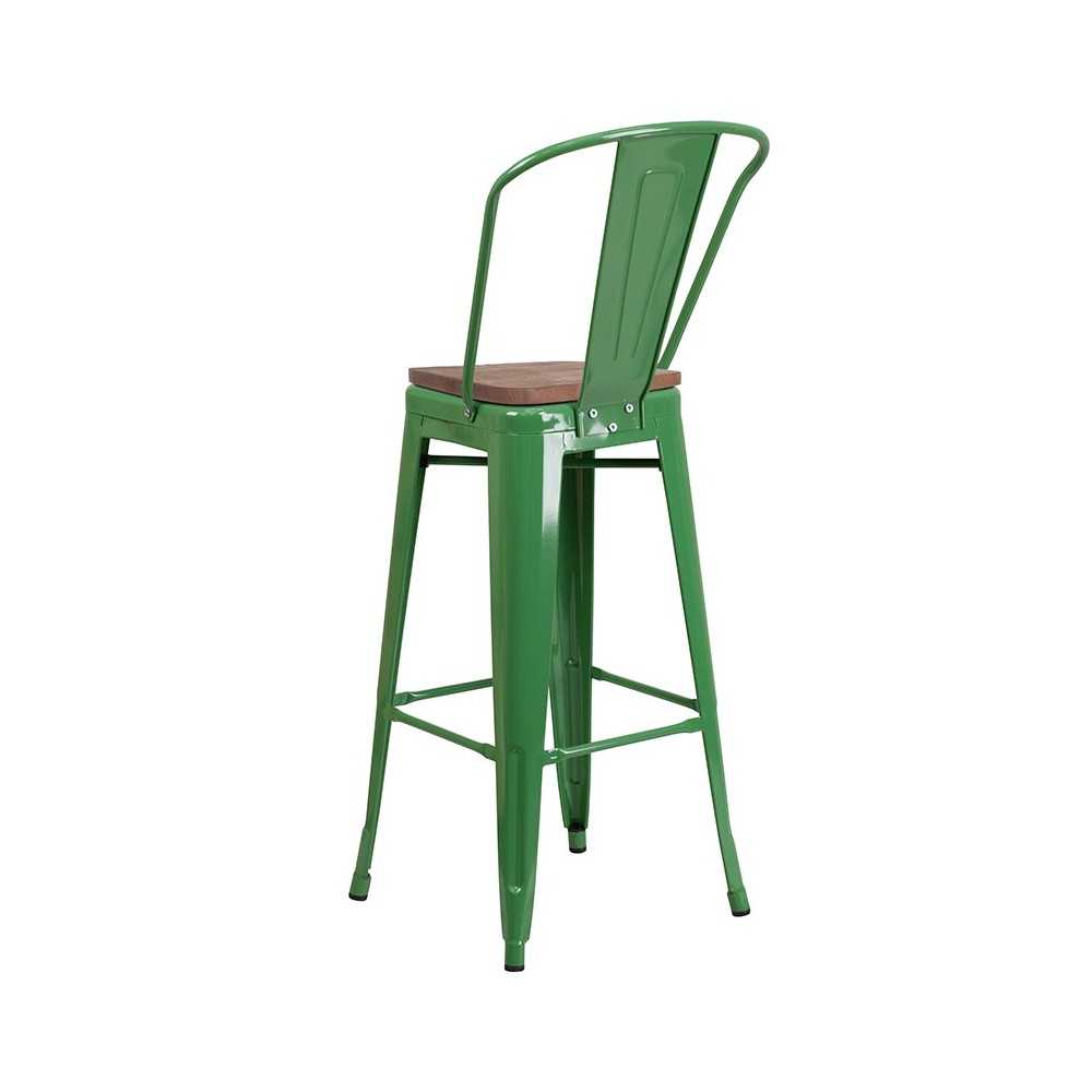30" High Green Metal Barstool with Back and Wood Seat