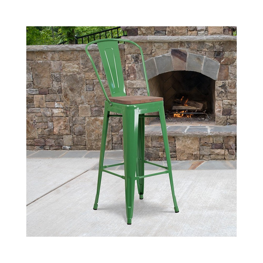 30" High Green Metal Barstool with Back and Wood Seat