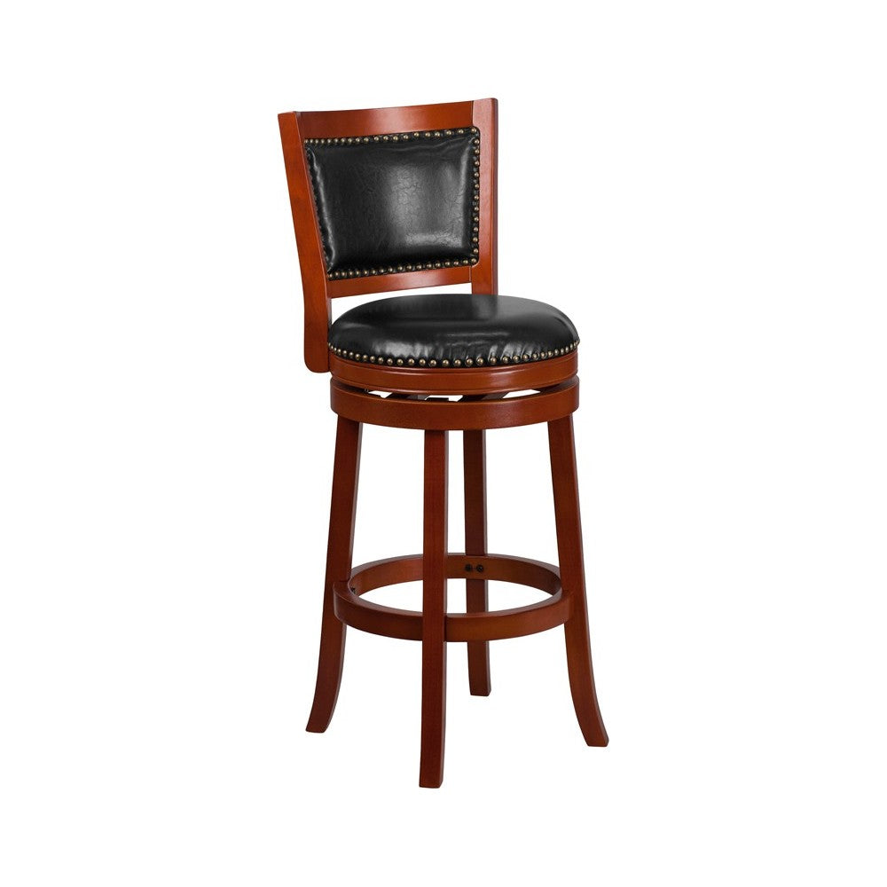 30'' High Light Cherry Wood Barstool with Open Panel Back and Black LeatherSoft Swivel Seat