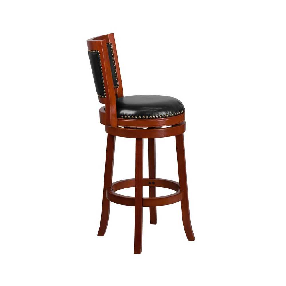 30'' High Light Cherry Wood Barstool with Open Panel Back and Black LeatherSoft Swivel Seat