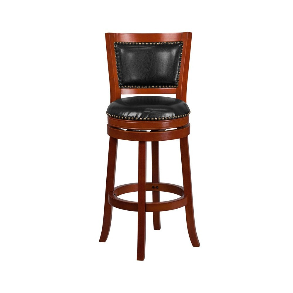 30'' High Light Cherry Wood Barstool with Open Panel Back and Black LeatherSoft Swivel Seat