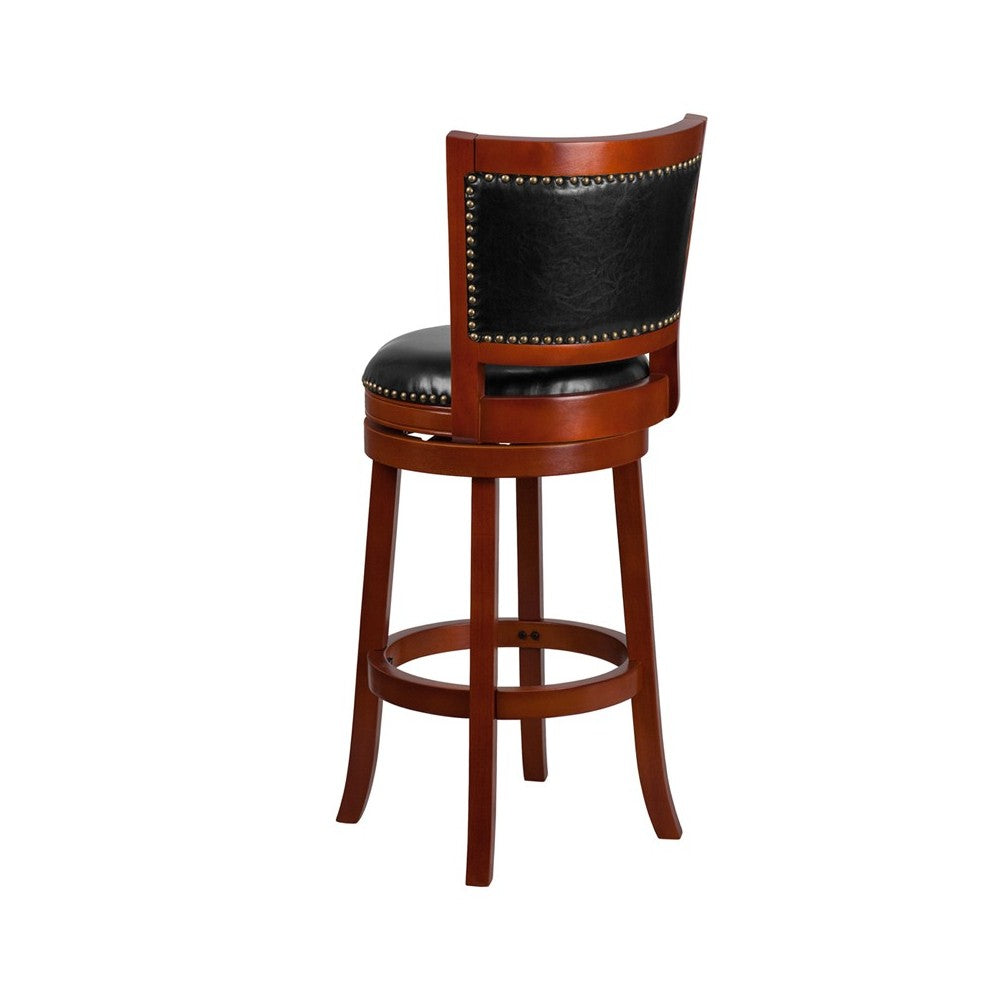 30'' High Light Cherry Wood Barstool with Open Panel Back and Black LeatherSoft Swivel Seat