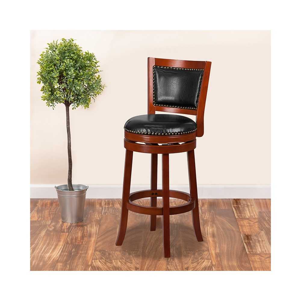 30'' High Light Cherry Wood Barstool with Open Panel Back and Black LeatherSoft Swivel Seat