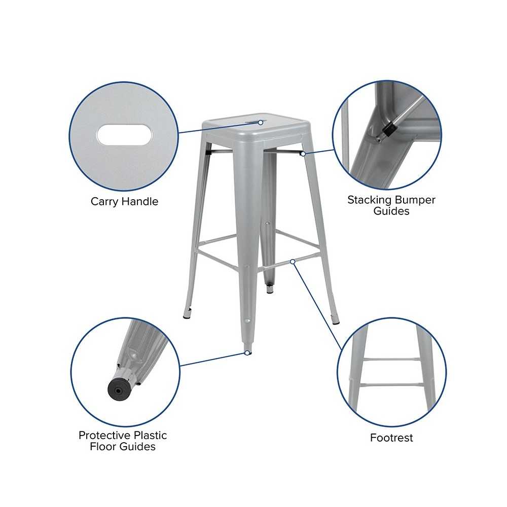 30" High Metal Indoor Bar Stool in Silver - Stackable Set of 4