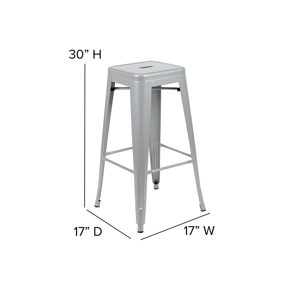 30" High Metal Indoor Bar Stool in Silver - Stackable Set of 4