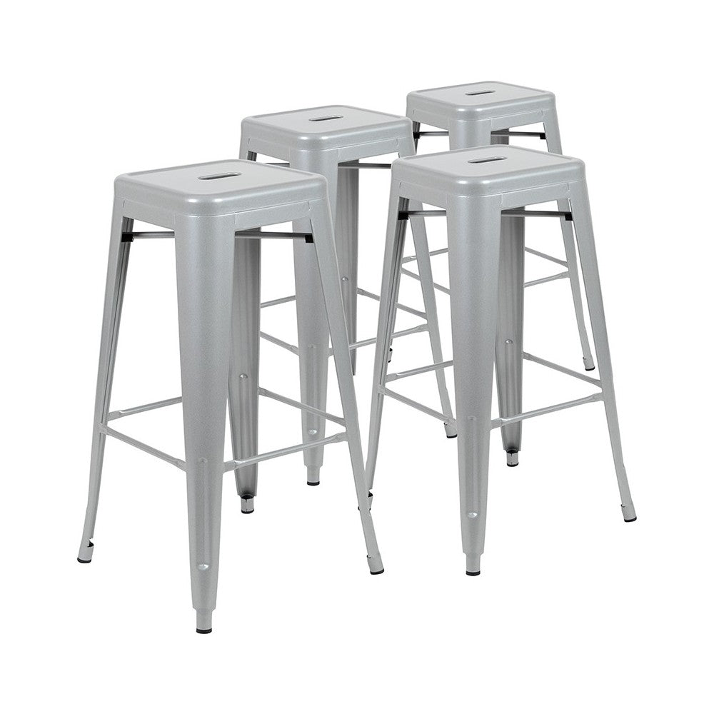 30" High Metal Indoor Bar Stool in Silver - Stackable Set of 4