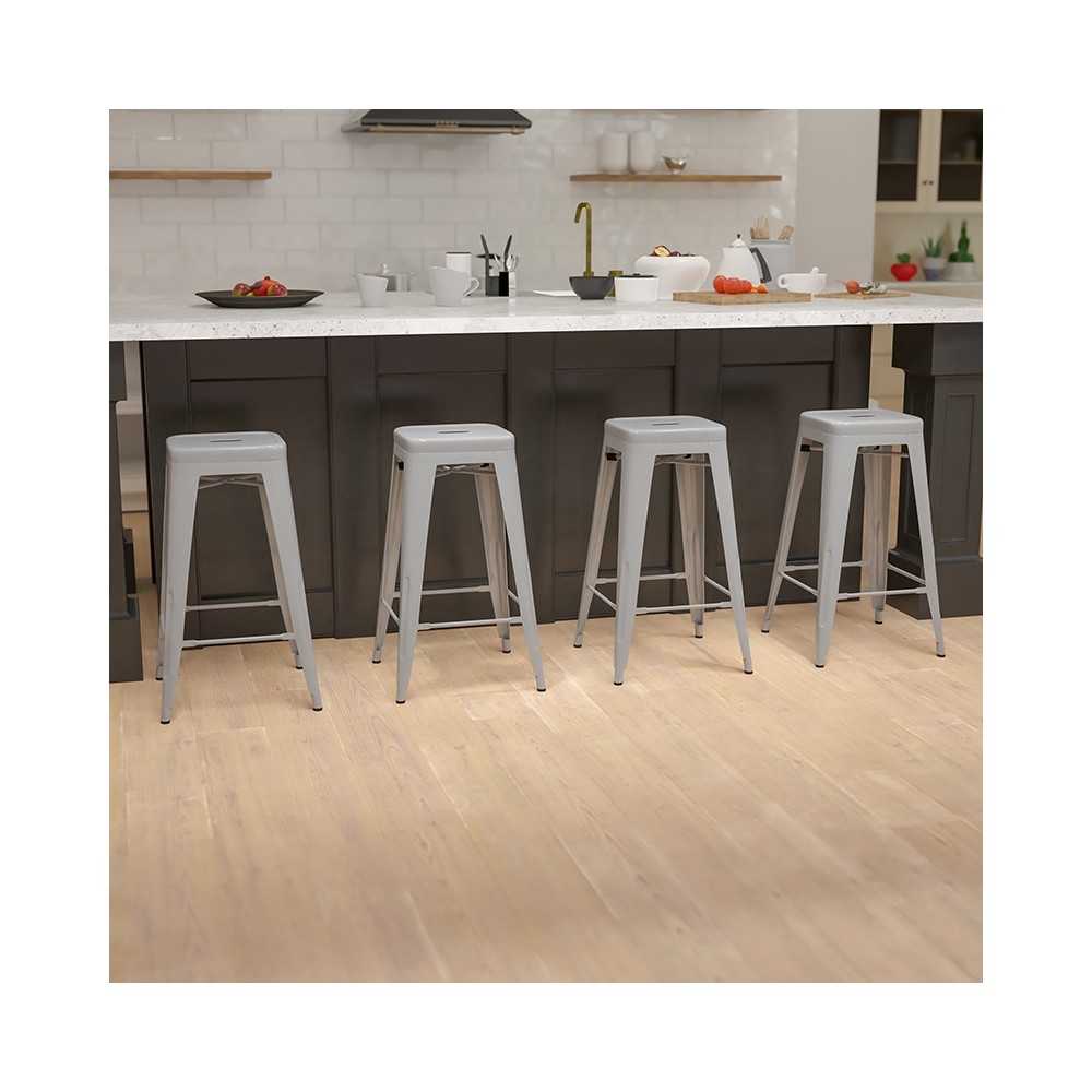 30" High Metal Indoor Bar Stool in Silver - Stackable Set of 4