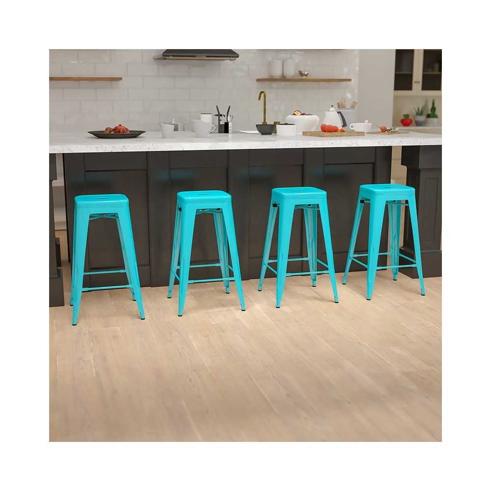 30" High Metal Indoor Bar Stool in Teal - Stackable Set of 4