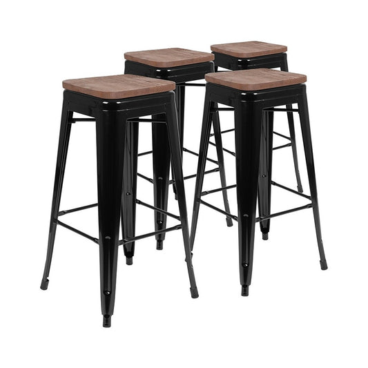 30" High Metal Indoor Bar Stool with Wood Seat in Black - Stackable Set of 4