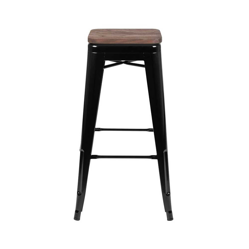 30" High Metal Indoor Bar Stool with Wood Seat in Black - Stackable Set of 4