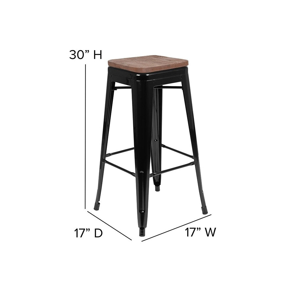 30" High Metal Indoor Bar Stool with Wood Seat in Black - Stackable Set of 4