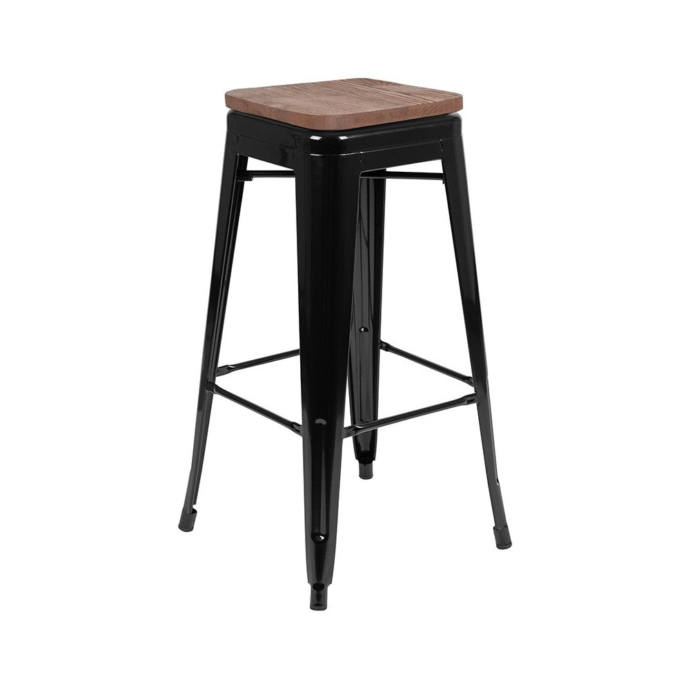 30" High Metal Indoor Bar Stool with Wood Seat in Black - Stackable Set of 4