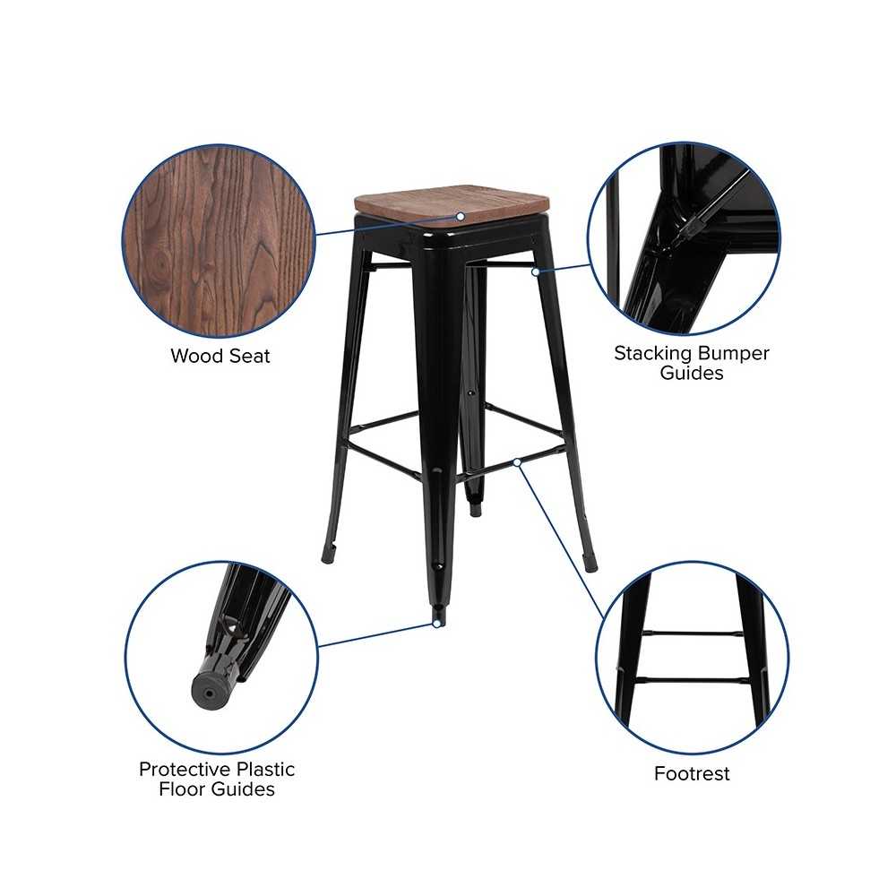 30" High Metal Indoor Bar Stool with Wood Seat in Black - Stackable Set of 4