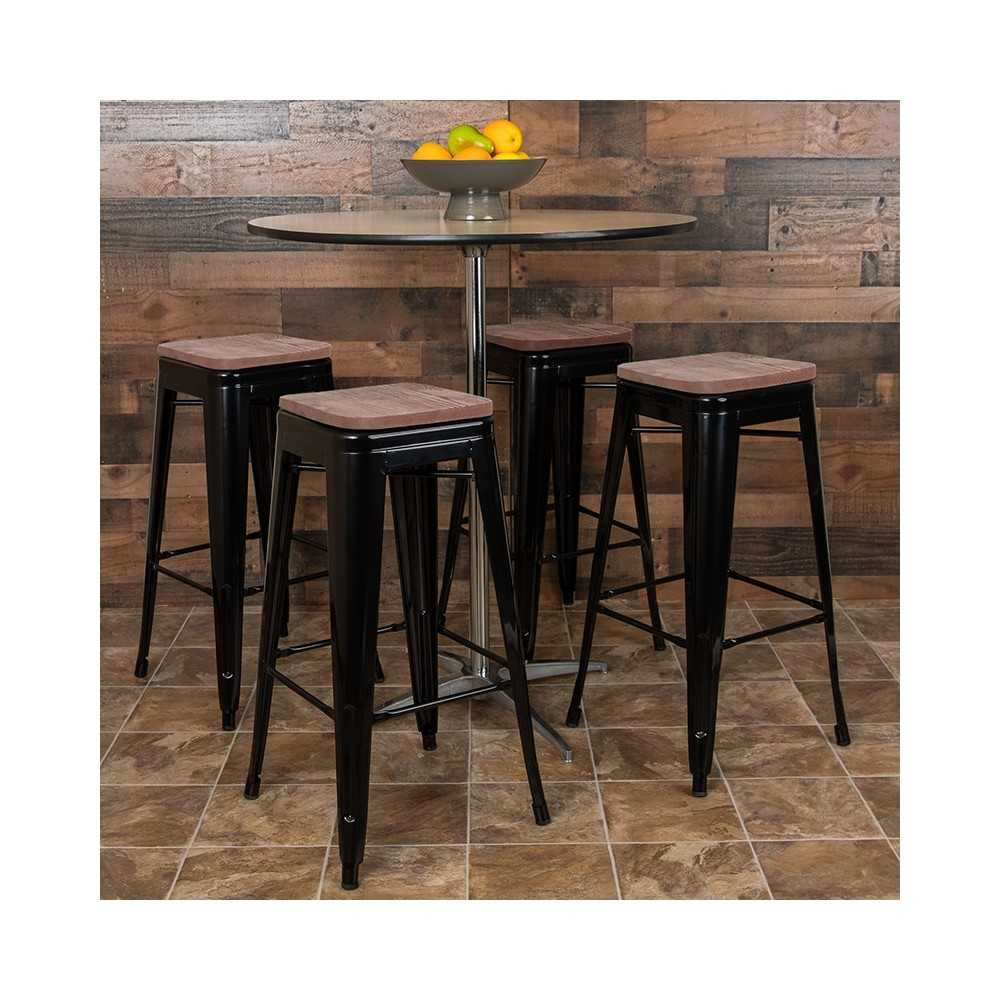 30" High Metal Indoor Bar Stool with Wood Seat in Black - Stackable Set of 4