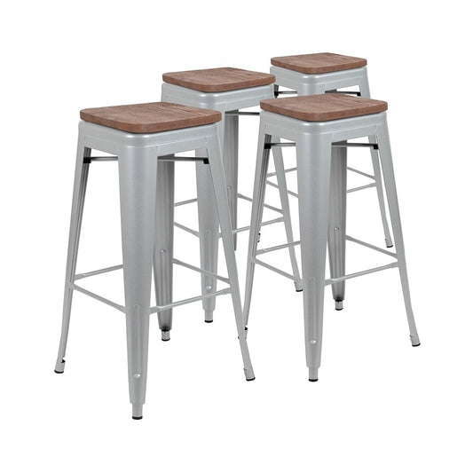 30" High Metal Indoor Bar Stool with Wood Seat in Silver - Stackable Set of 4