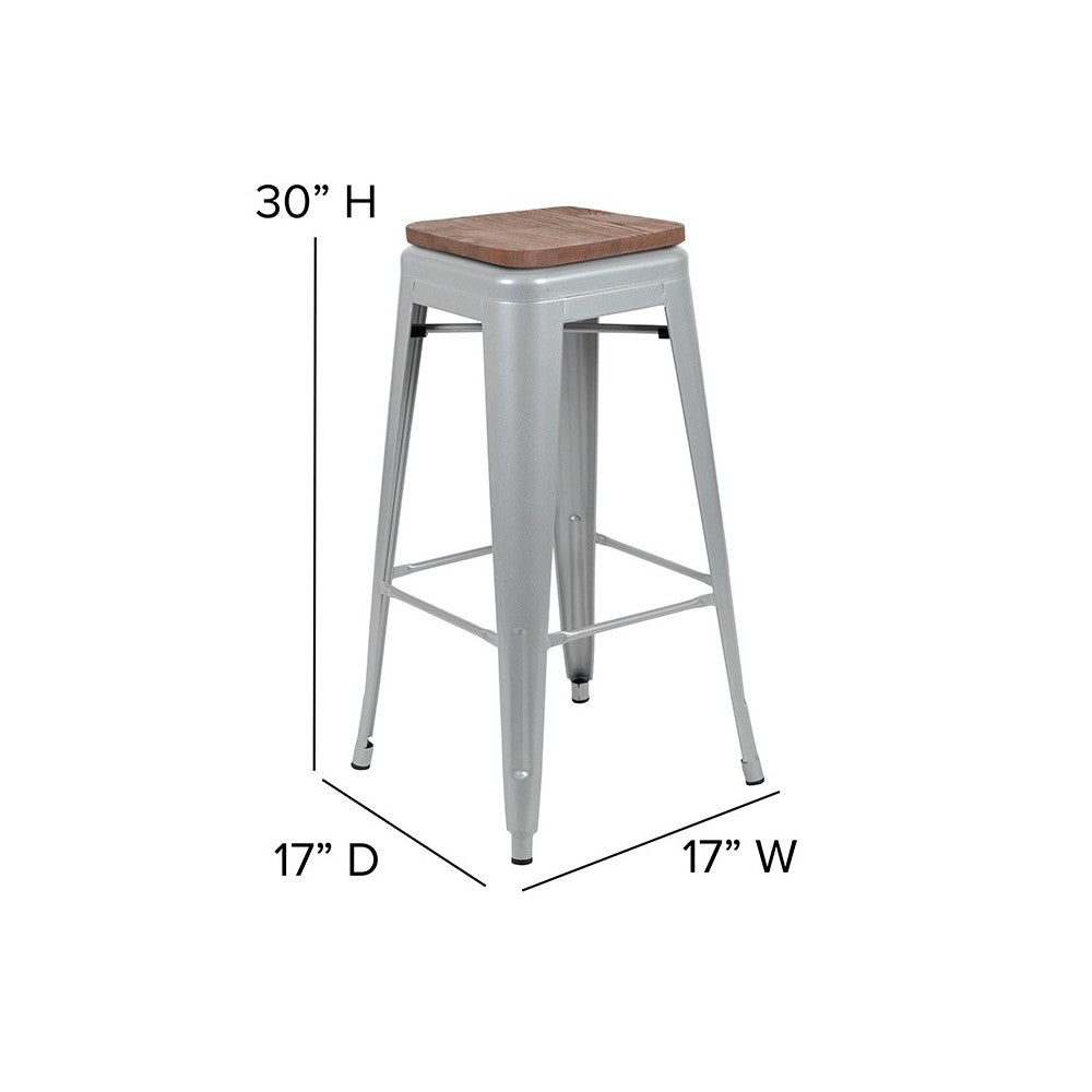 30" High Metal Indoor Bar Stool with Wood Seat in Silver - Stackable Set of 4