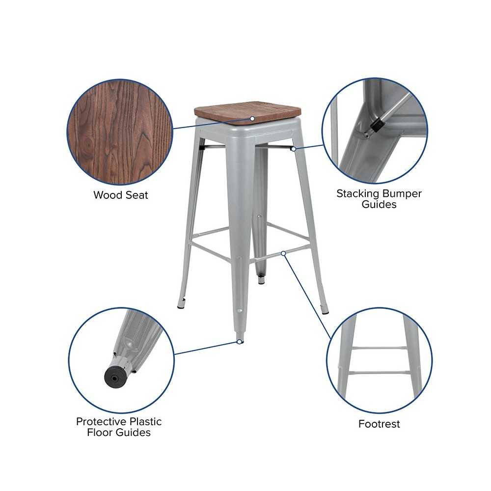 30" High Metal Indoor Bar Stool with Wood Seat in Silver - Stackable Set of 4