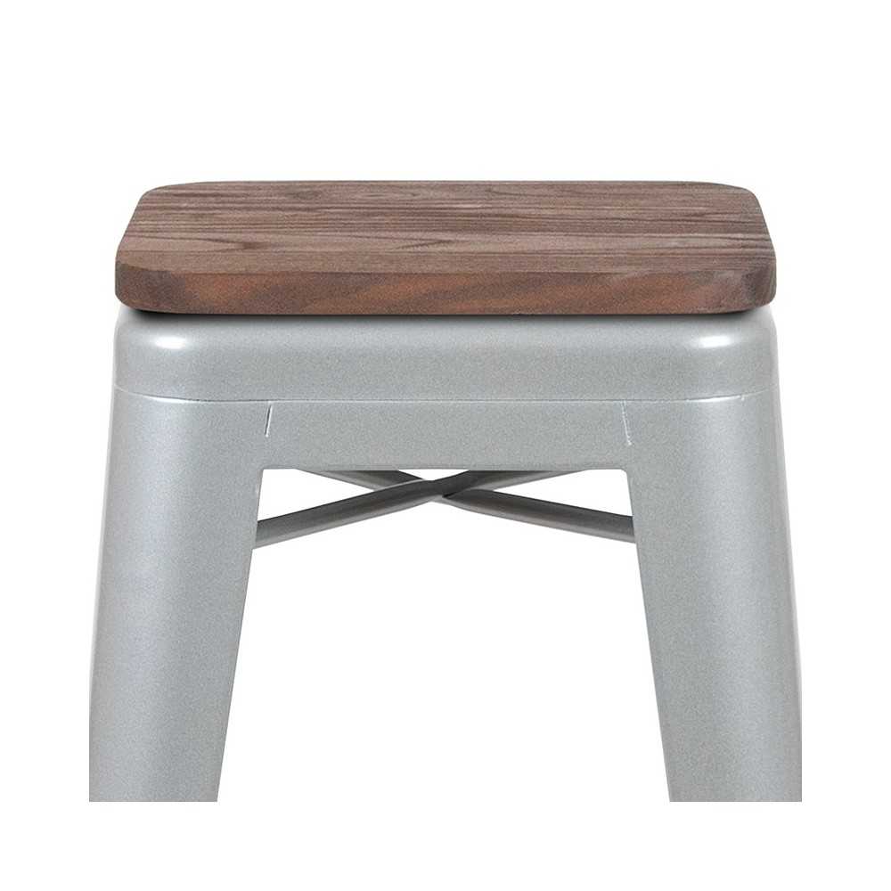 30" High Metal Indoor Bar Stool with Wood Seat in Silver - Stackable Set of 4