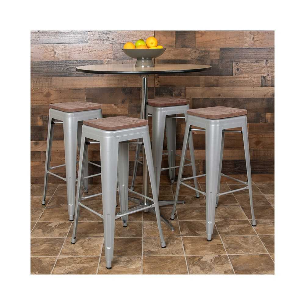 30" High Metal Indoor Bar Stool with Wood Seat in Silver - Stackable Set of 4