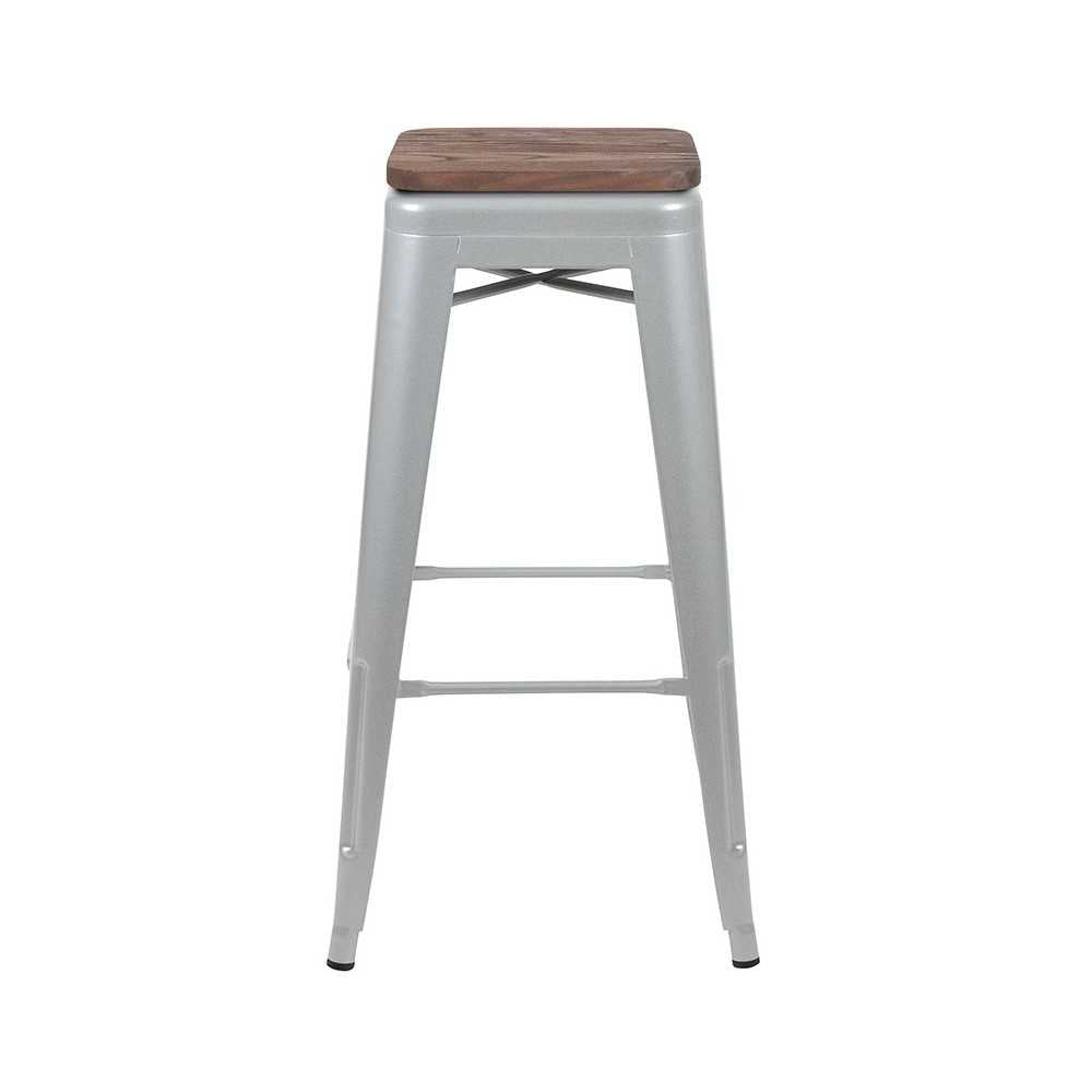 30" High Metal Indoor Bar Stool with Wood Seat in Silver - Stackable Set of 4