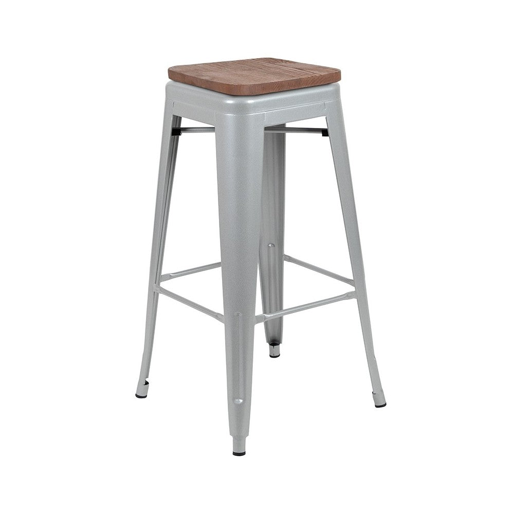 30" High Metal Indoor Bar Stool with Wood Seat in Silver - Stackable Set of 4