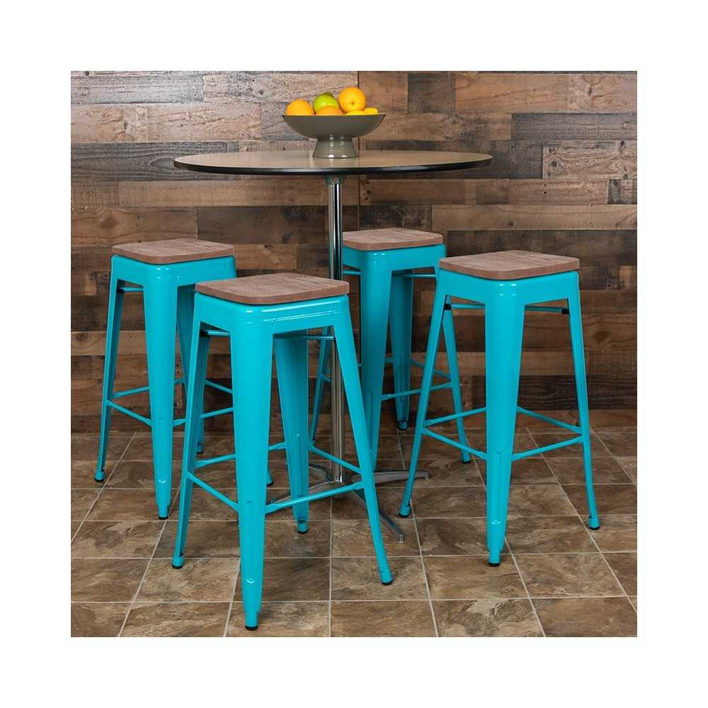 30" High Metal Indoor Bar Stool with Wood Seat in Teal - Stackable Set of 4