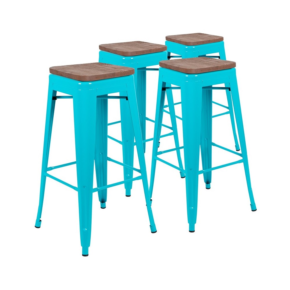 30" High Metal Indoor Bar Stool with Wood Seat in Teal - Stackable Set of 4