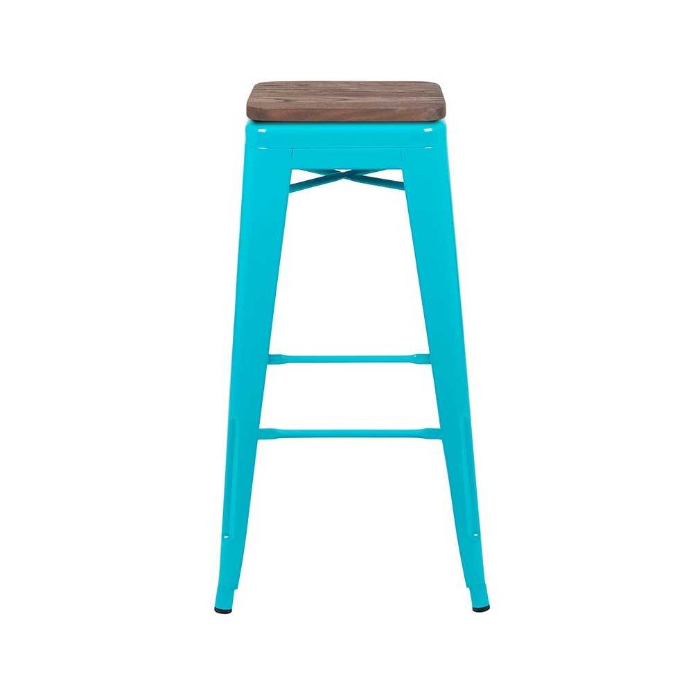 30" High Metal Indoor Bar Stool with Wood Seat in Teal - Stackable Set of 4