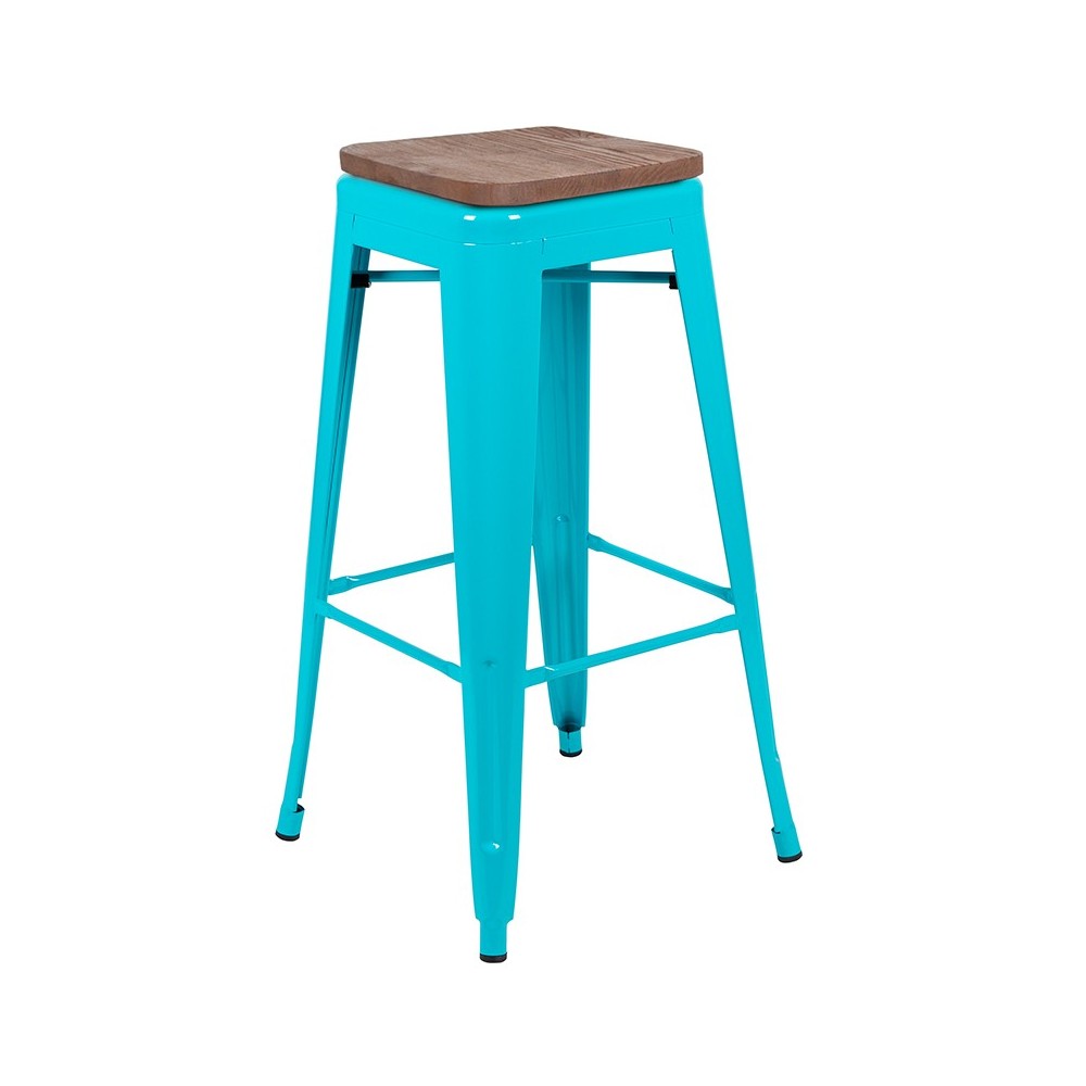 30" High Metal Indoor Bar Stool with Wood Seat in Teal - Stackable Set of 4